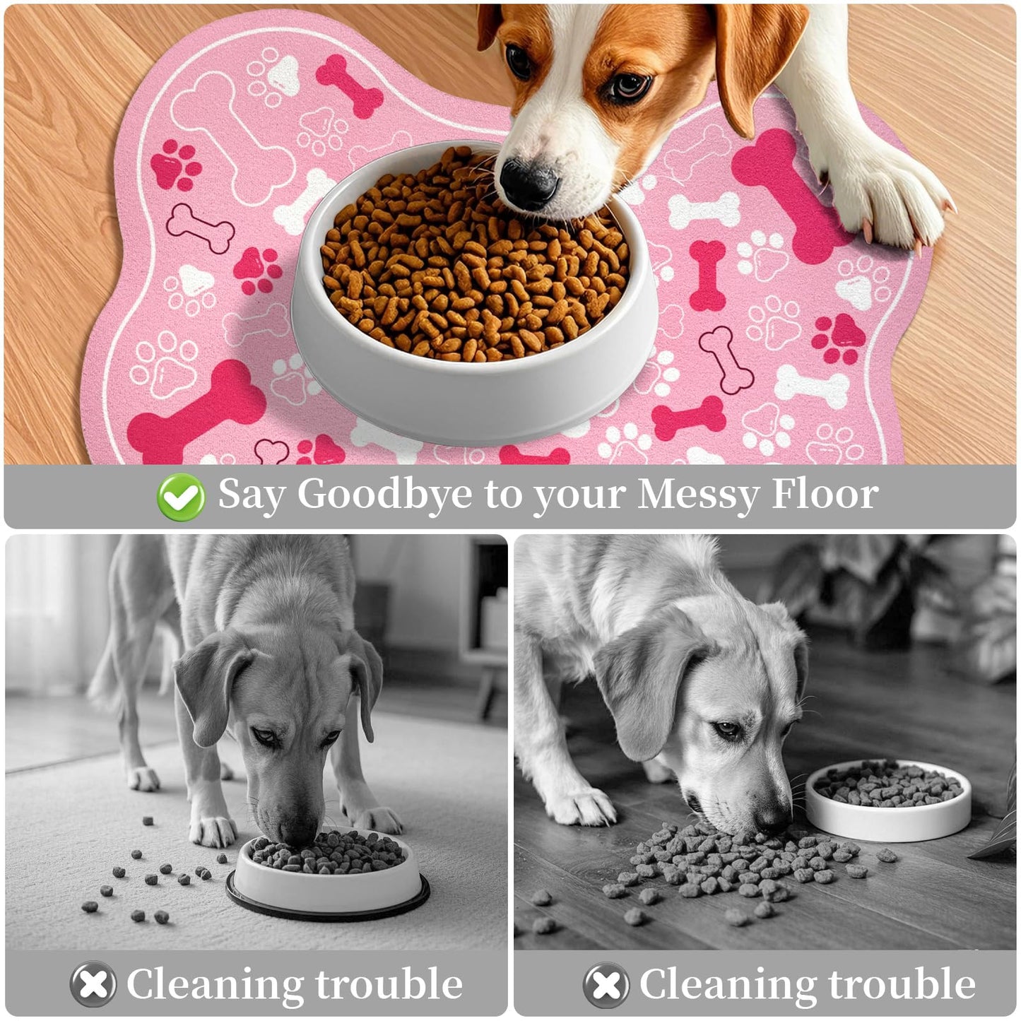 Dog & Cat Food Mat Bone Shaped Pet Feeding Mat Quick Absorb Water Bowl Placemat with Rubber Backing Indoor Floor Stain Resistant Pet Accessory Supplies (Light Pink Small, 12x18 Inches)