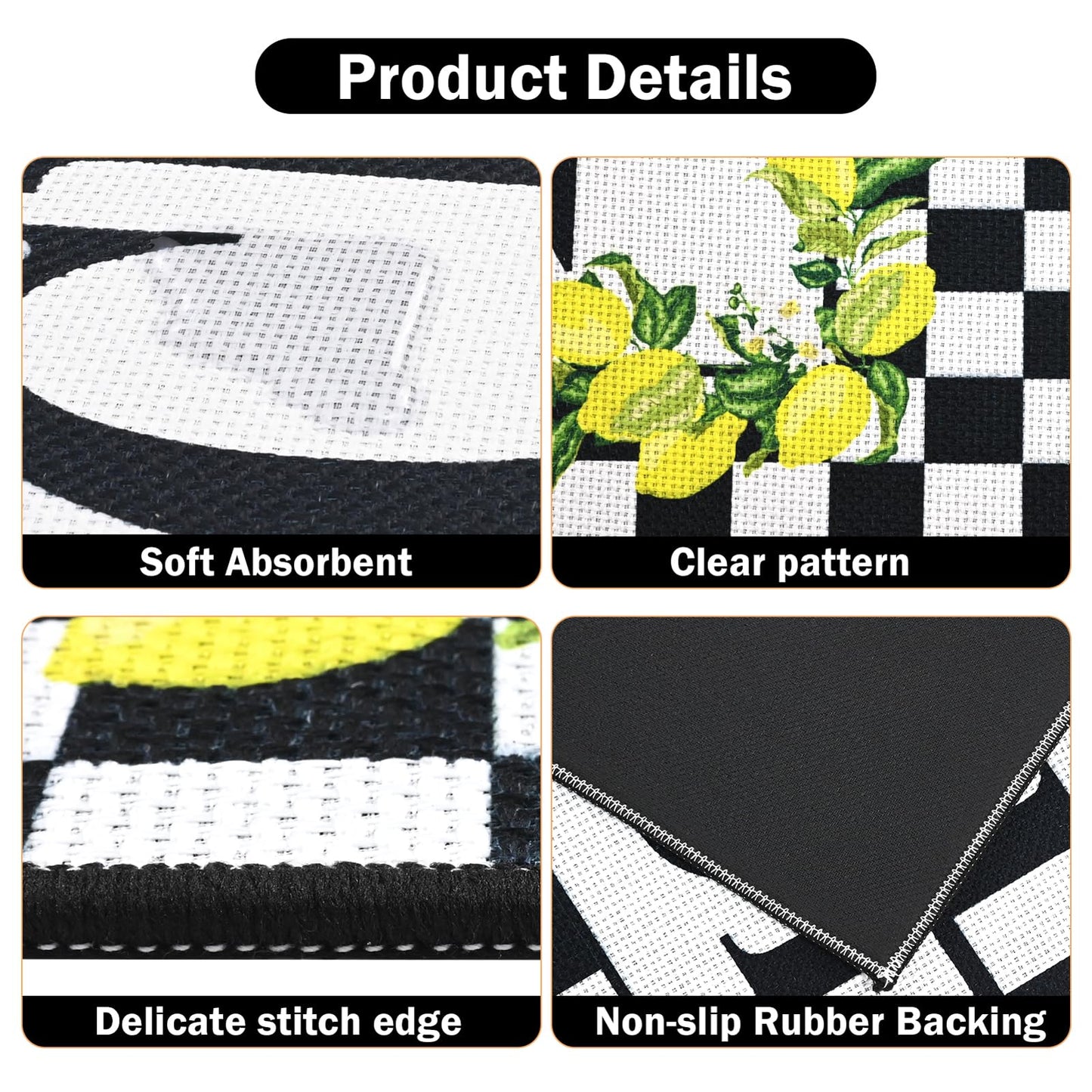 PCSWEET HOME Black and White Checkered Kitchen Rugs Washable Non Slip Lemon Kitchen Rugs Set of 3 Checkered Door Mat Indoor