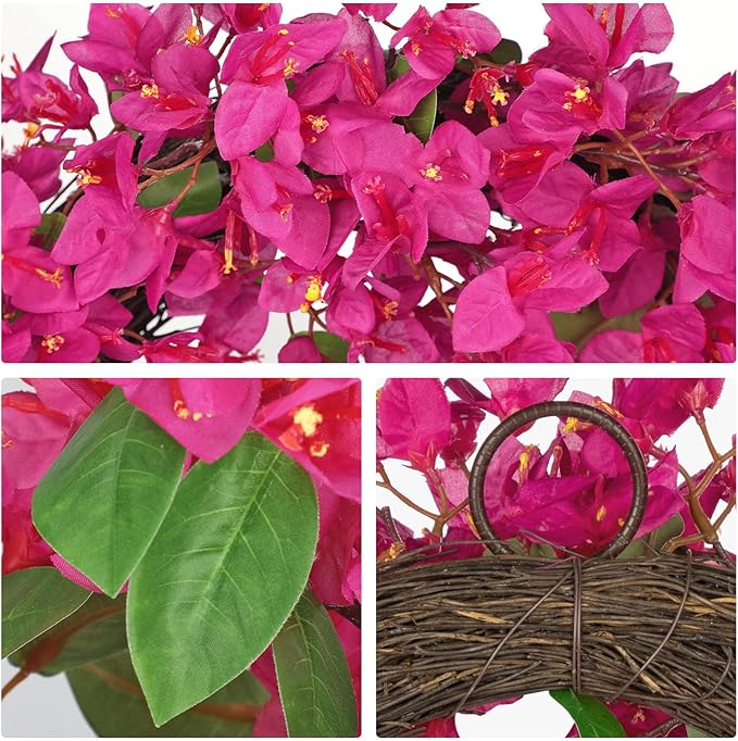Briful Spring Front Door Wreath 18inches Artificial Bougainvillea Flower Wreath Silk Pink Floral Hanging Wreath Outdoor Summer Wreath for Home Wall Mantle Party Wedding Décor