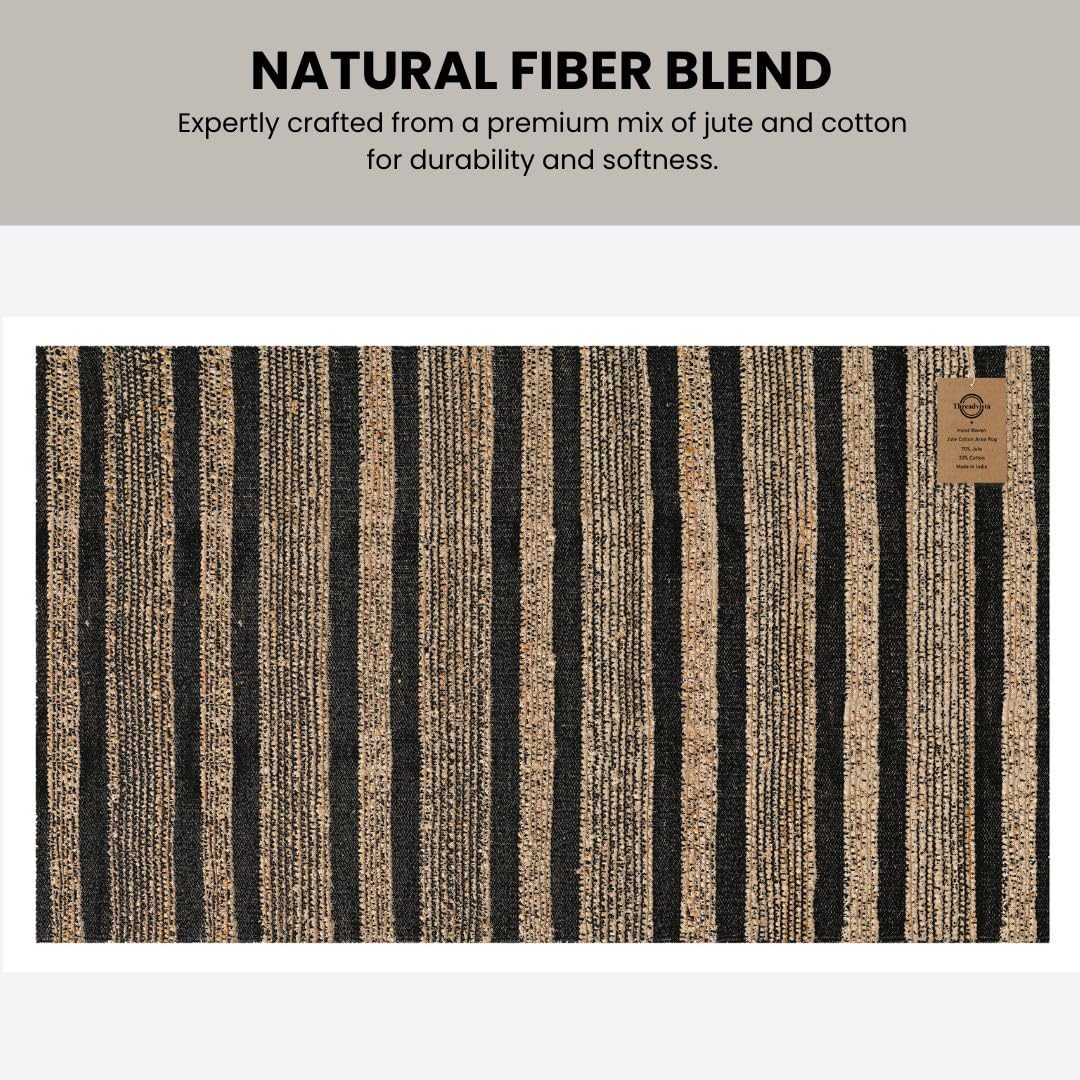 Threadvista Hand Woven Area Rug 3x5 Feet - Rustic Farmhouse Boho Accent Rug for Living Room Bedroom Kitchen Entryway Floor Mats Non Slip - Ideal for High Traffic Areas Jute Cotton Rug Natural Black
