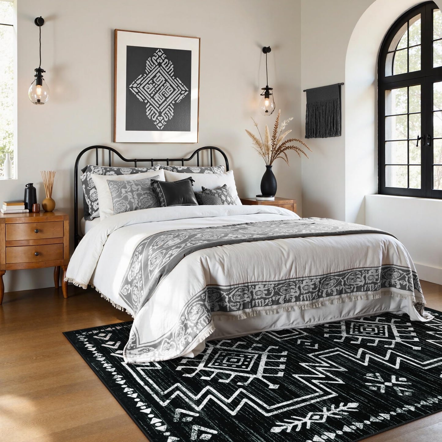 Lahome Vivienne 5x7 Western Black and White Rugs for Living Room, Washable Soft Aztec Rug for Bedroom, Boho Low Pile Distressed Moroccan Carpet for Dining Room Home Decor