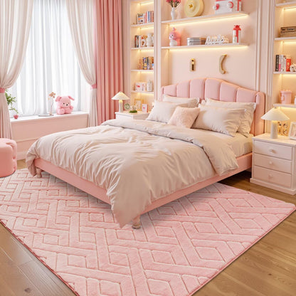 Flagover 5x7 Pink Washable Area Rug for Girls Bedroom Living Room, Modern Geometric Shag Non-Slip Rugs, Fluffy Plush Soft Memory Foam Carpet for Kids Room Nursery Decor