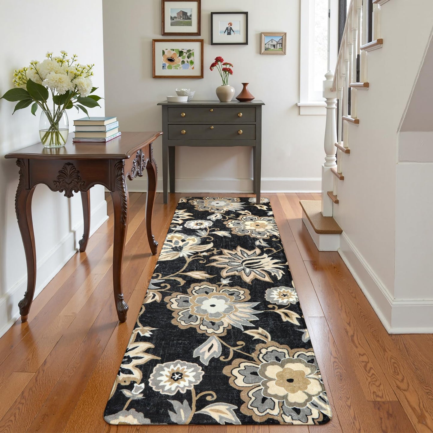 Lahome Floral Washable Runner Rug - 2x6 Runners for Hallways Non-Slip Low-Pile Kitchen Rug, Black Paisley Print Carpet for Laundry Bedroom Entryway （(2’X 6’, Blacak)