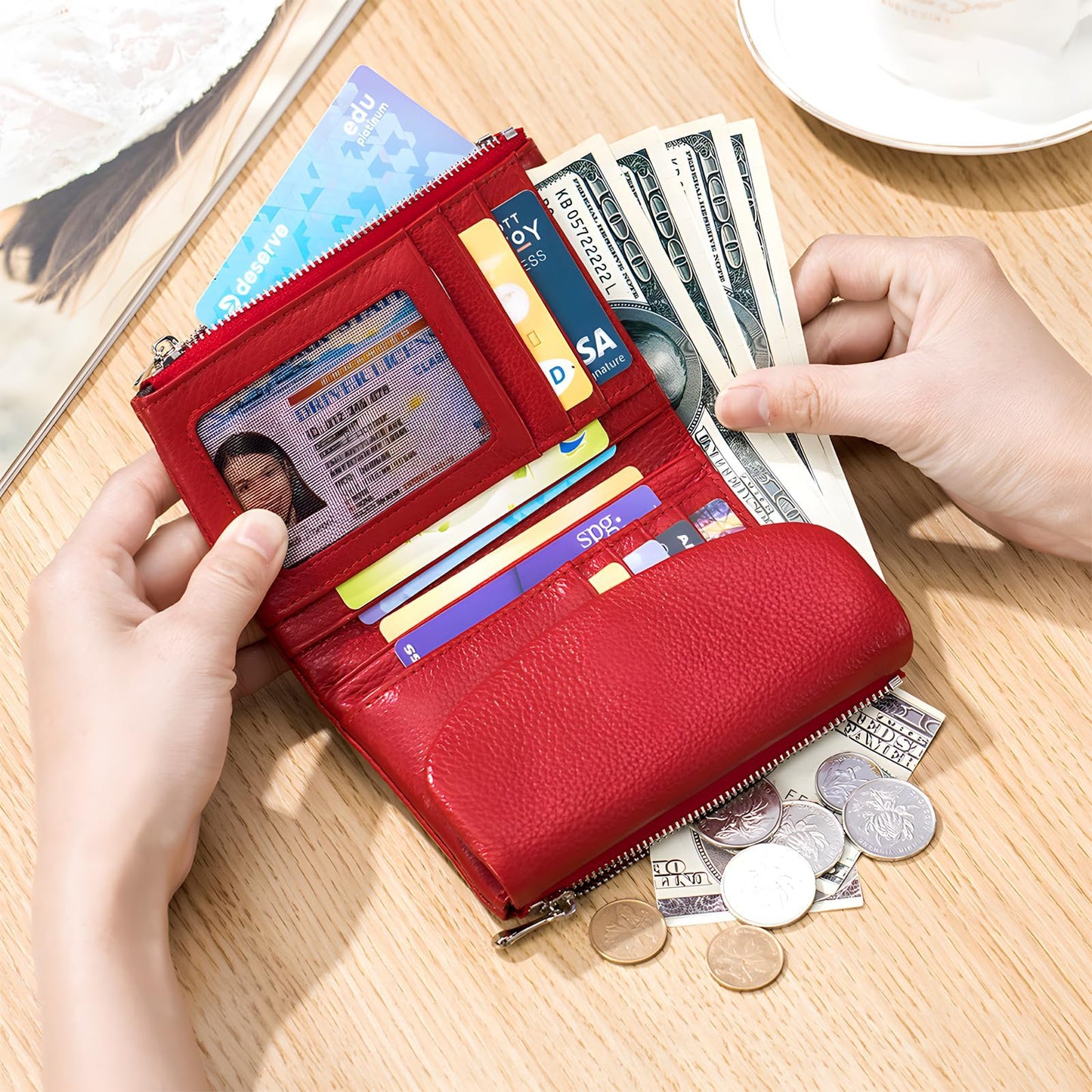 Pebble Leather Wallet,Unisex Short Genuine Leather Purse for Coins and Cards,Solid Multicolor Clutch Bags,Card Holder & Coin Id Cards (Red Black)