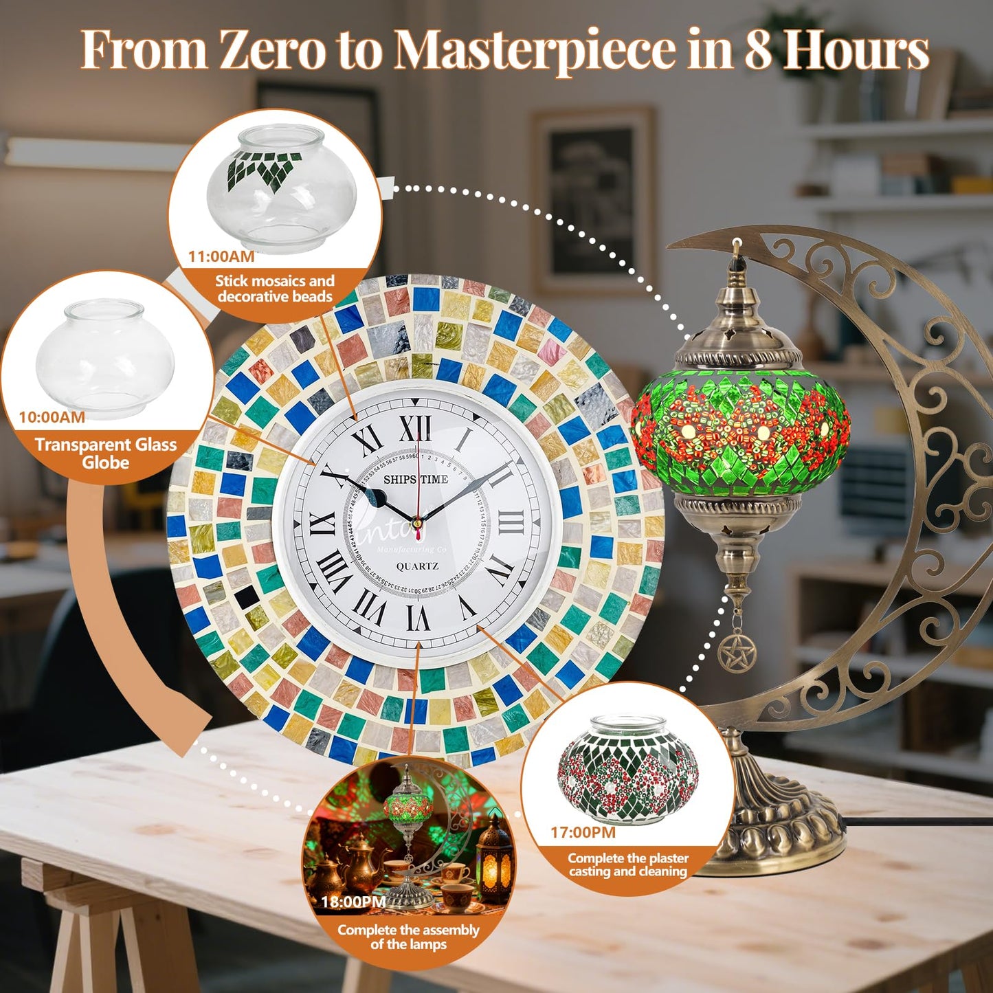 BOHMR DIY Turkish Mosaic Lamp Kit, Moon Stained Glass Lamp Making Kit- Easy,Fun,No Experience Needed, Mosaic Art & Craft Project Kits for Adults & Teens, Make Your Own Table Lamp,Christmas Gift,Green