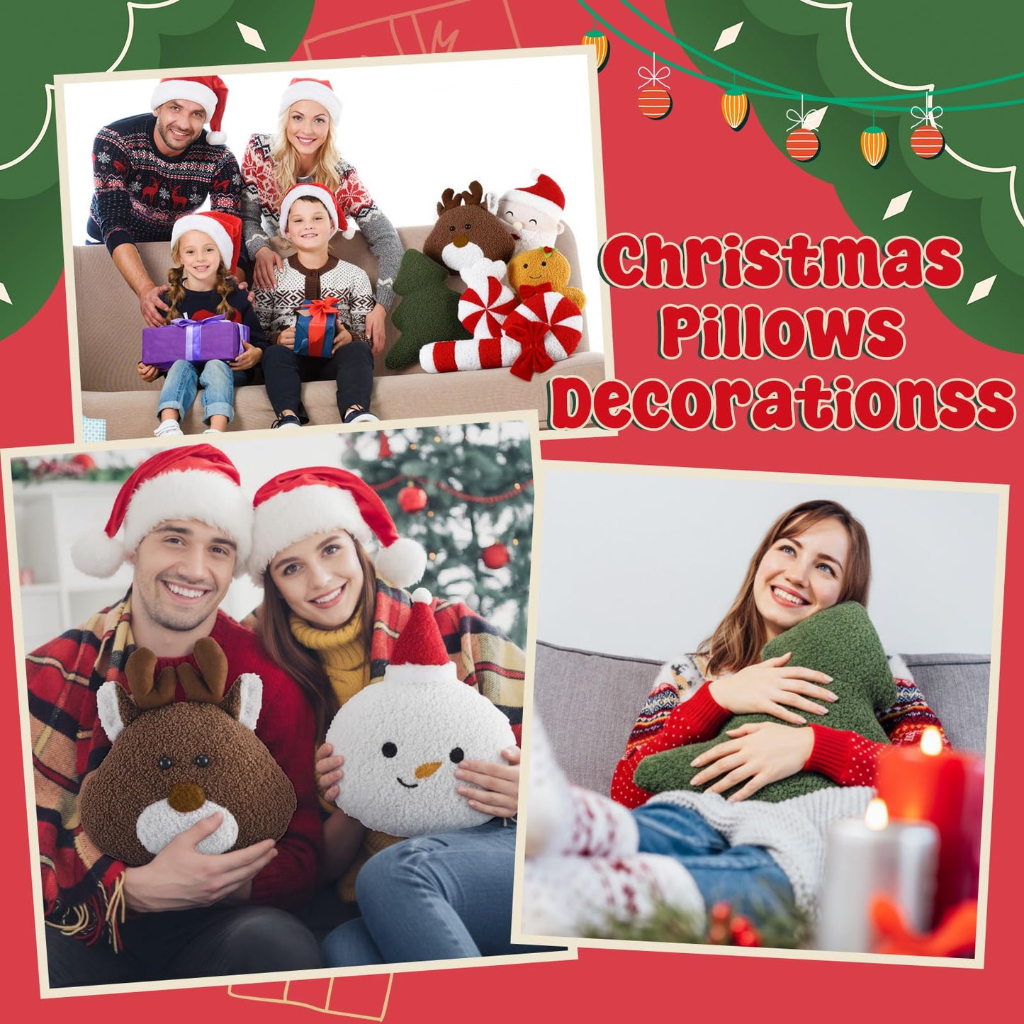 Thyle 8 Pack Christmas Throw Pillows 8''-14'' Decorative Gingerbread Candy Cane Peppermint Xmas Tree Snowflake Elk Santa Claus Stuffed Pillow Sofa Cushion for Christmas Party Couch Decoration