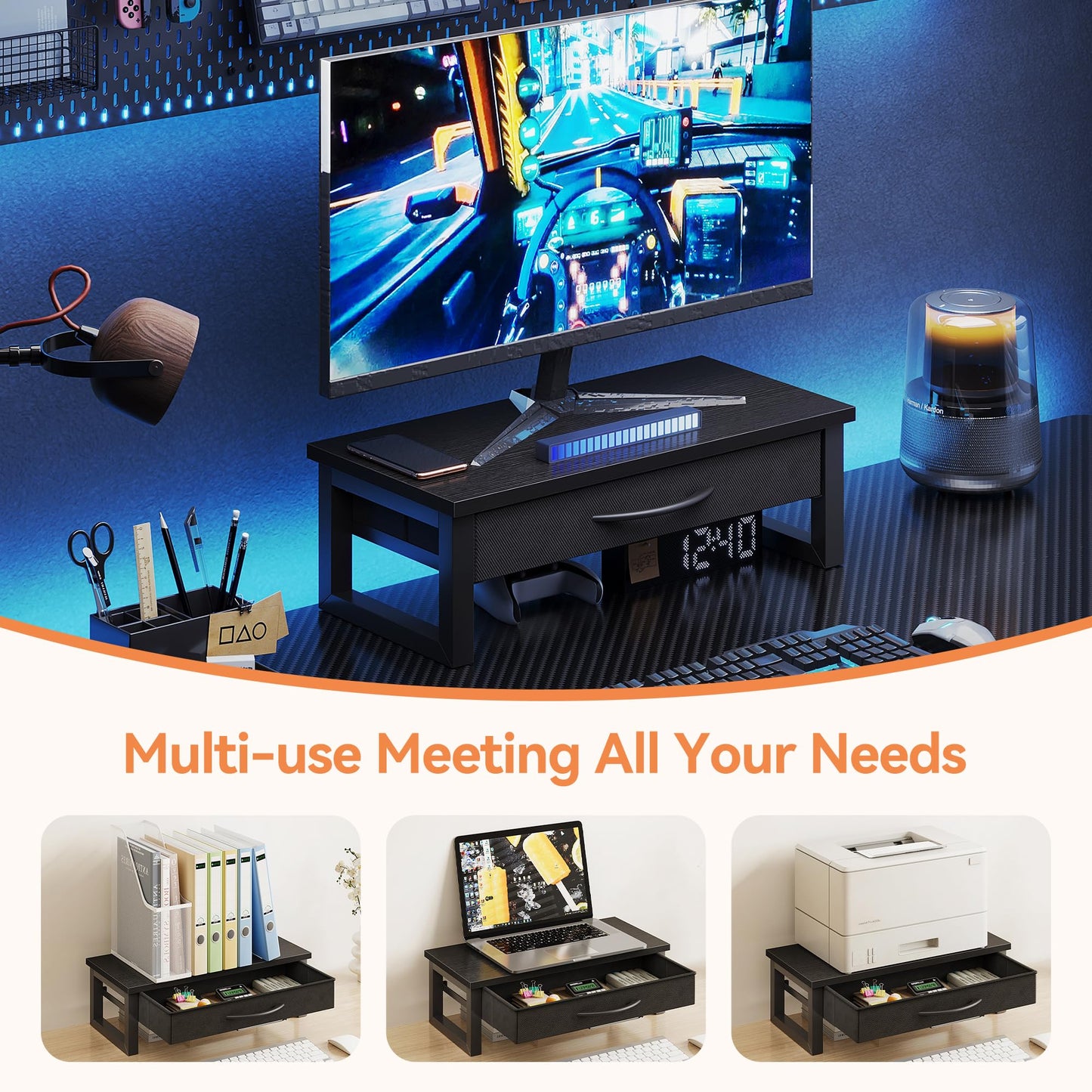 HEWORLIF Computer Monitor Stand Riser, Desk Organizers and Accessories with Drawer, 2-Tier Laptop Stand for Desk, Office Organizer Storage, Wood