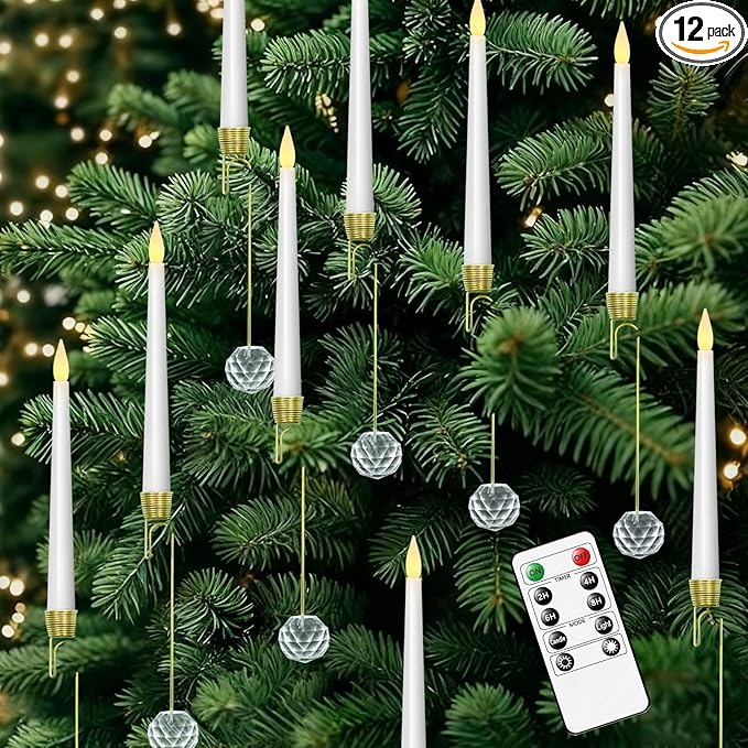 Flameless Christmas Tree Hanging Candles with Remote,12 Pcs LED Taper Candles,Flickering Battery Operated Taper Candle with 12 Crystal Ball Hooks for Christmas Decorations Best Gift(White)