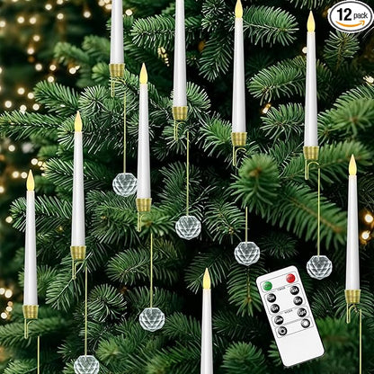 Flameless Christmas Tree Hanging Candles with Remote,12 Pcs LED Taper Candles,Flickering Battery Operated Taper Candle with 12 Crystal Ball Hooks for Christmas Decorations Best Gift(White)