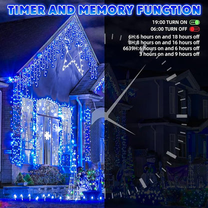 132Ft 1280 LED Christmas Icicle Lights Extra Long 8 Modes Waterproof Icicle String Lights with 240 Drops, Fairy Hanging Lights Decor with Remote for Xmas Wedding Indoor Outdoor(Blue)