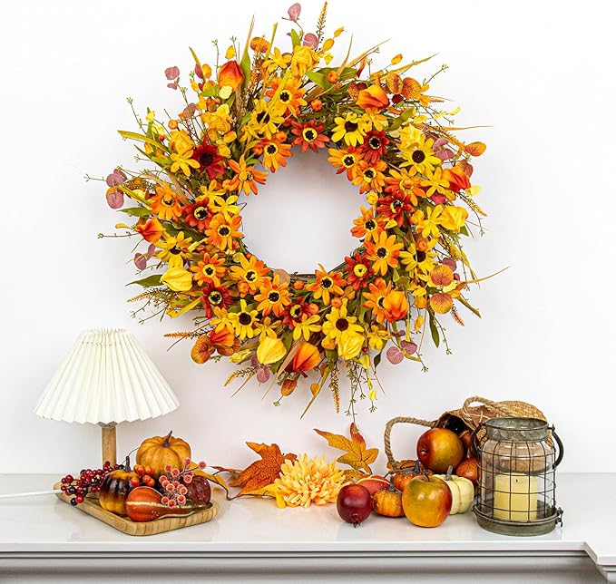 JINGHONG Fall Wreaths for Front Door 22 Inch Artificial Fall Wreath Floral Autumn Wreath with Colorful Daisies Orange Foliage for Indoor Outside Door Harvest Festival Thanksgiving Day Celebration