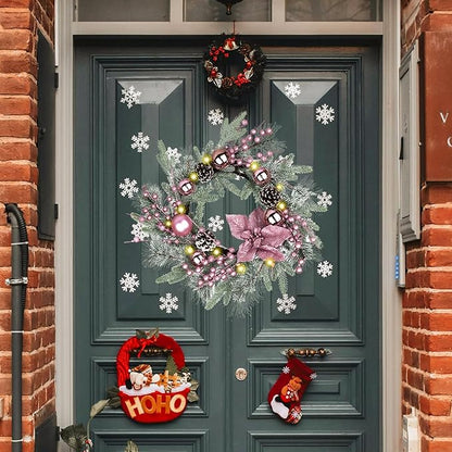 20" Christmas Wreaths for Front Door, Artificial Christmas Wreath Decoration with Lights, Winter Wreaths with Pine Cones,Bow,Balls Ornaments for Indoor Outdoor Home Decor (Pink)