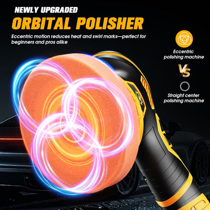 Niusken Cordless Car Buffer Polisher kit [2x 2000mAh 21V Batteries & 18 PCS Attachments] 6-Speed Orbital Design, LED Display, Lightweight Detailing Tool for Waxing, Polishing & Scratch Removal-Yellow