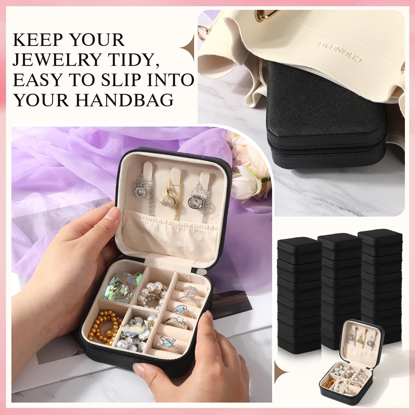 VZZNN 18 Pack Travel Jewelry Case, Small Travel Jewelry Organizer Box with Mirror, PU Leather Mini Jewelry Storage Holder for Rings Earrings Necklaces, Bridesmaid Gifts for Women Girls – Black