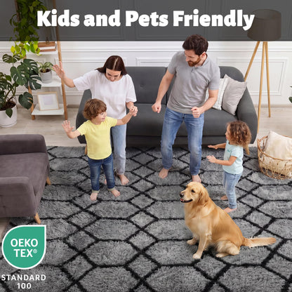 ONASAR 6x9 Area Rugs for Living Room Bedroom, Large Fluffy Grey and Black Throw Rug, Geometric Soft Plush Shaggy Fuzzy Floor Carpet for Nursery Kids Girls Boys Teen Dorm Home Office Decor Aesthetic