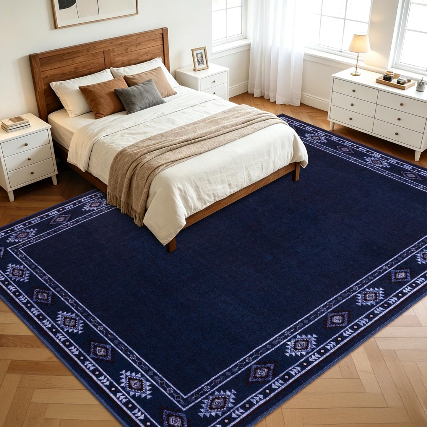 QDUIDU Large Area Rug for Bedroom Living Room, 4x6 Feet Ultra Soft Navy Blue Rugs Washable Modern Geometric Bordered Non Slip Low Pile Carpets Home Decor
