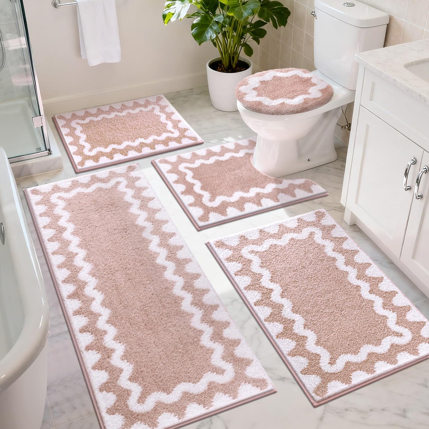 Findosom Bathroom Rugs Sets 5 Piece, Absorbent Soft Non-Slip Washable Microfiber Shaggy Bath Mat Set with Bathroom Runner Rug, U-Shaped Toilet Rugs, Shower Rug & Toilet Lid Cover, Pink-White