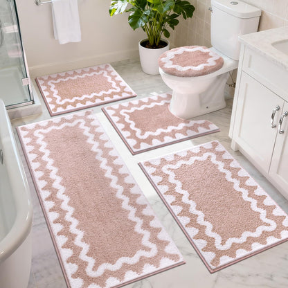 Findosom Bathroom Rugs Sets 5 Piece, Absorbent Soft Non-Slip Washable Microfiber Shaggy Bath Mat Set with Bathroom Runner Rug, U-Shaped Toilet Rugs, Shower Rug & Toilet Lid Cover, Pink-White