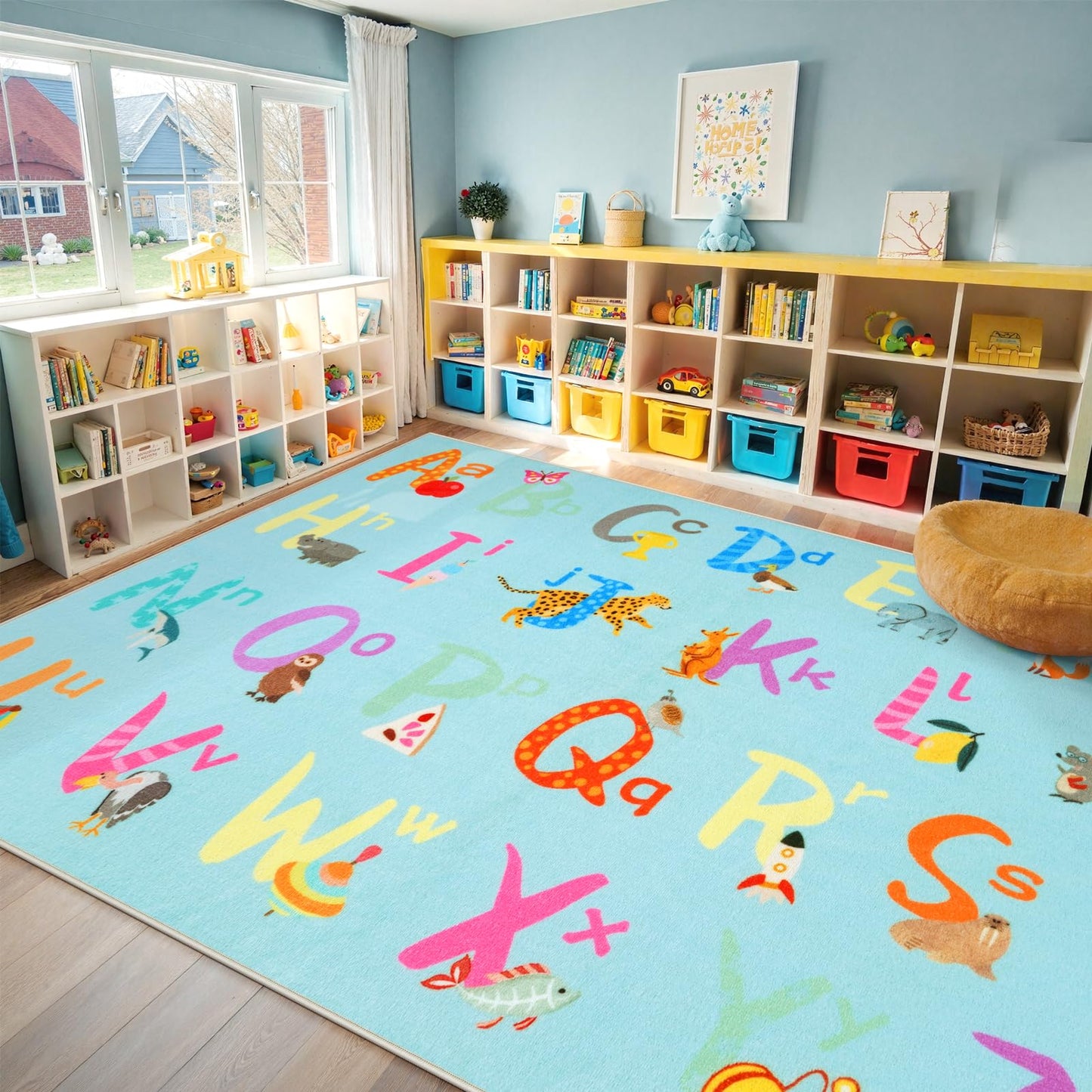 LIVEBOX 7'5" x 13' Blue ABC Kids Classroom Carpet, Large Washable Alphabet Educational Learning Area Rugs for Classroom Elementary, Non-Slip Preschool Kids Teacher Rug for Kindergarten Daycare Baby