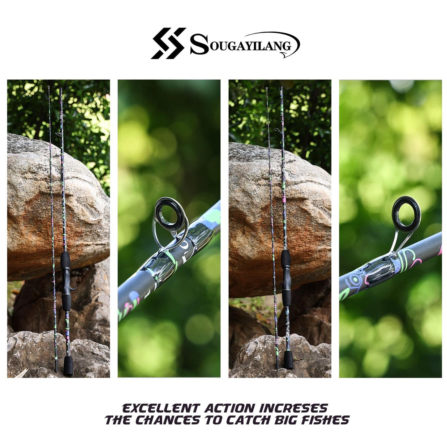 Sougayilang Fishing Rod, 2-Piece Fiber Glass Spinning Rod with EVA Grip, Smooth Transition Fishing Pole- 6'0"