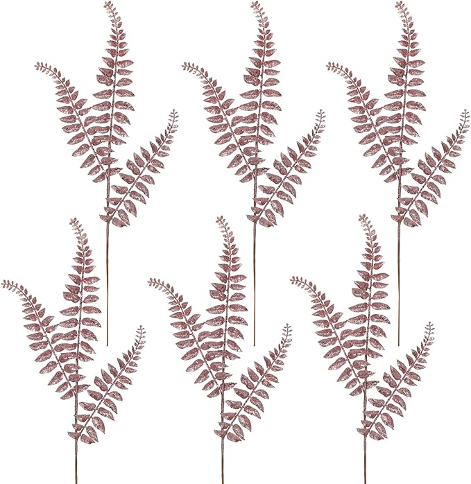 DILATATA 6Pcs Christmas Glitter Leaves Boston Fern Leaves 25" Artificial Rose Gold Fern Leaf Picks Sprays Giltter Stems for Christmas Tree DIY Xmas Wreath Garland Home Decor - Rose Gold