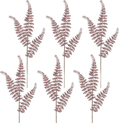 DILATATA 6Pcs Christmas Glitter Leaves Boston Fern Leaves 25" Artificial Rose Gold Fern Leaf Picks Sprays Giltter Stems for Christmas Tree DIY Xmas Wreath Garland Home Decor - Rose Gold