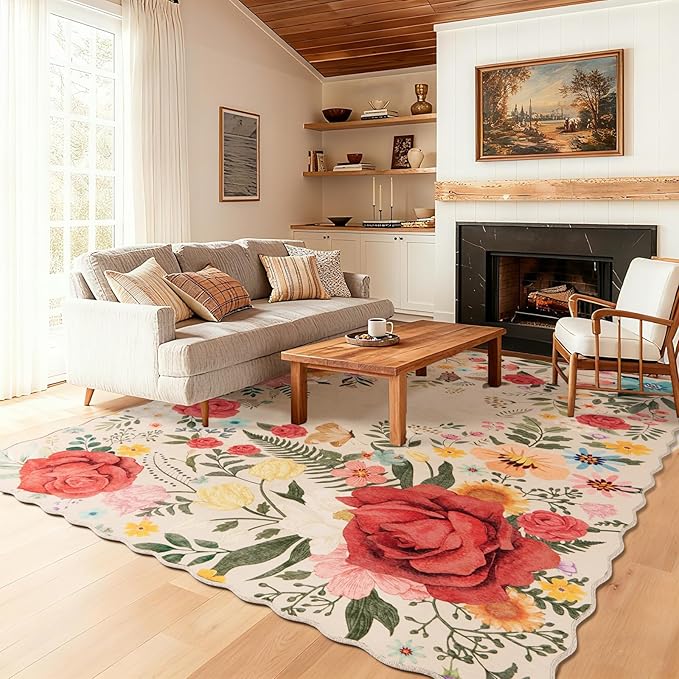 Washable Rugs for Living Room: 5x7 Area Rugs for Bedroom Soft Ultra Thin Stain Resistant Non Slip Low Pile Lightweight Vintage Floral Carpet for Dining Room Decor (Beige)