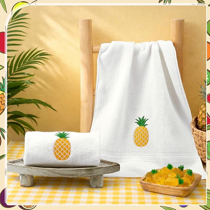 2 Pcs Pineapple Hand Towels White-Yellow Bathroom Decor 14x29 Inch Embroidered