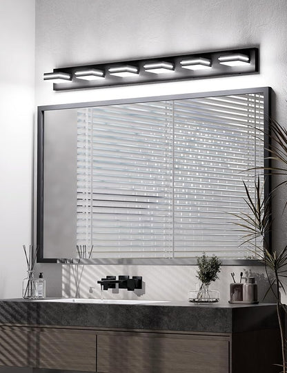 VOLISUN Modern Bathroom Vanity Light Fixtures (6-Light, 48-Inch), Matte Black LED Bathroom Lighting Fixtures Over Mirror, 360°Rotatable Head, LED Vanity Lights for Bathrooms (Cool White 6000K)