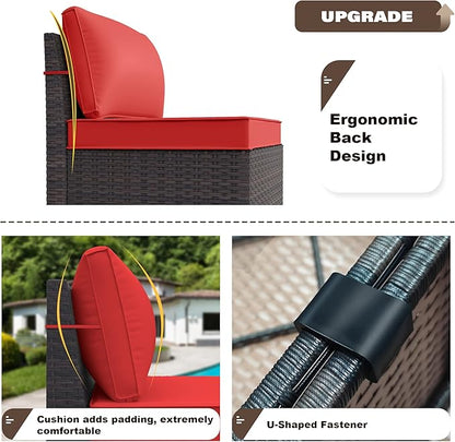Kurapika 6 Pieces Patio Furniture Set, Rattan Wicker Outdoor Conversation Sets w/4 Inch Cushion and Glass Coffee Table(Red)
