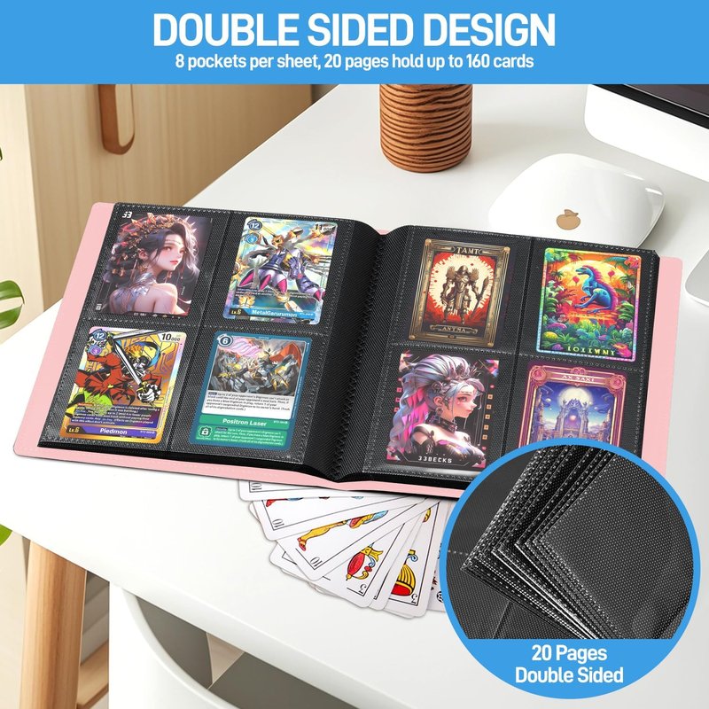 Trading Card Binder - Upgraded 4-Pocket Mini Album with 160 Pockets | Pink Card Book Holder
