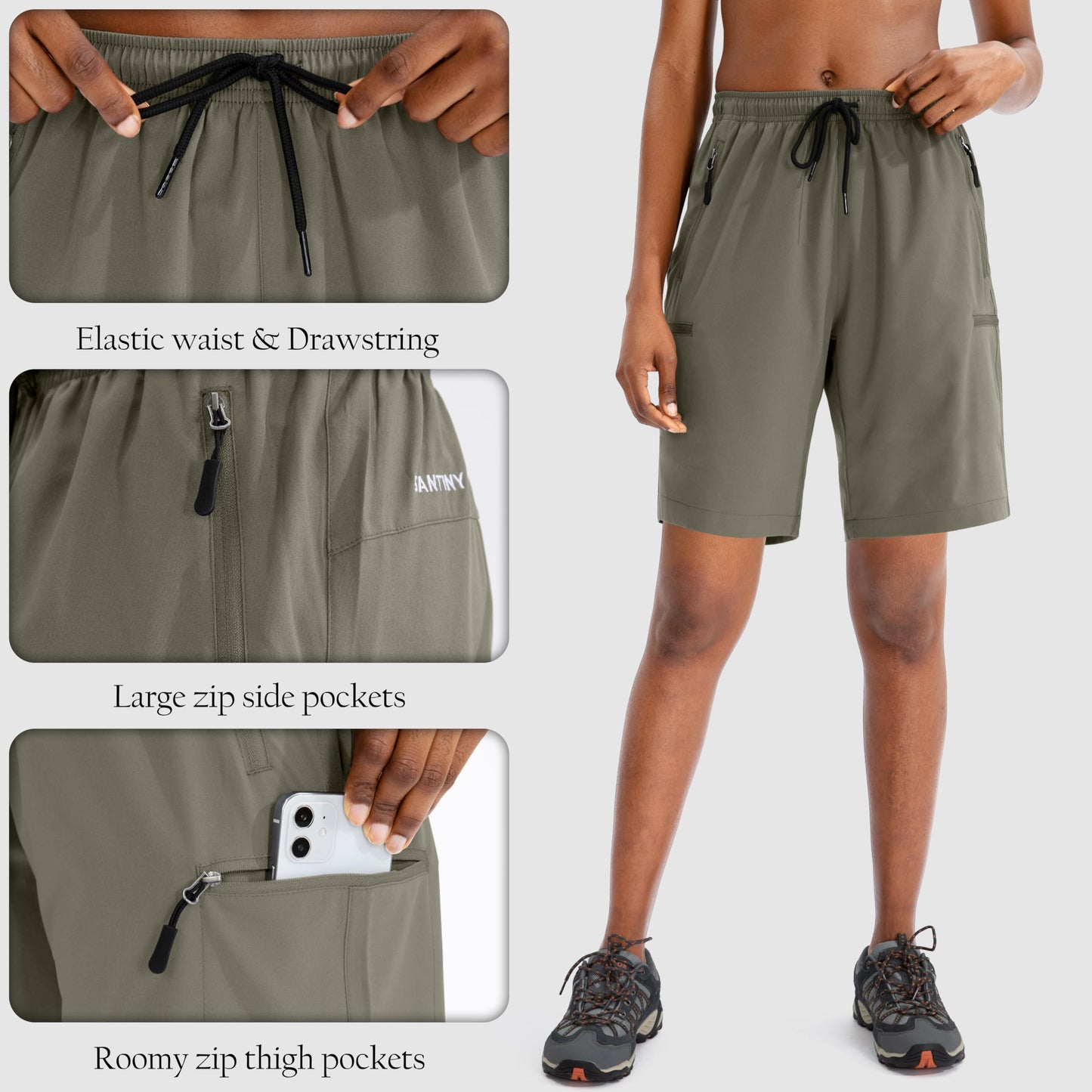 SANTINY Women's 5''/ 7''/9'' Hiking Cargo Shorts Quick Dry Lightweight Summer Shorts for Women Athletic Zipper Pockets(Grey Sage_3XL)