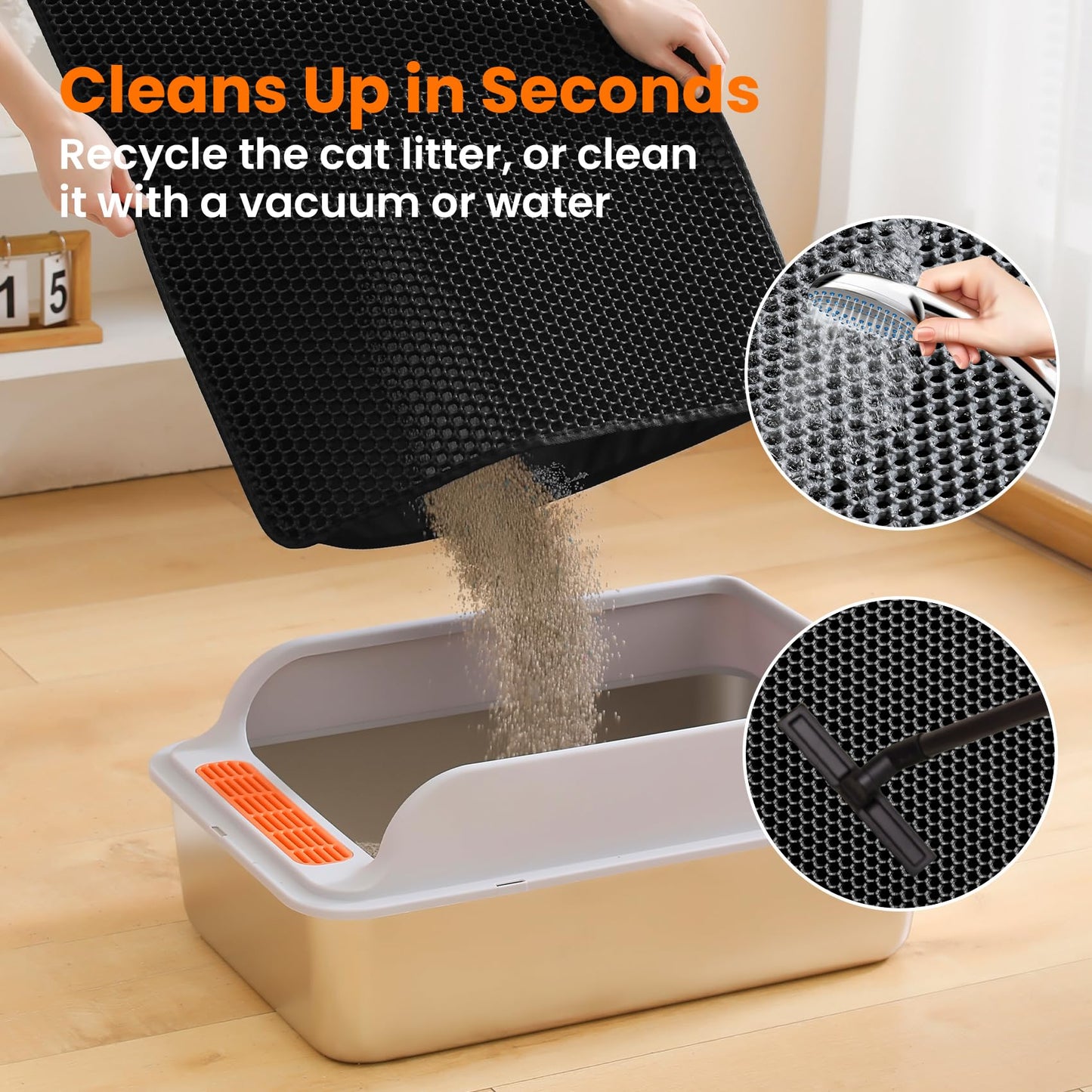 Petinstinct Cat Litter Mat, Double Layer Honeycomb Cat Litter Trapping Mat, Non Slip Waterproof Urine Proof Cat Litter Box Mat for Floor, Kitty Litter Rug, Cat Supplies, Black, 24x18 Inches
