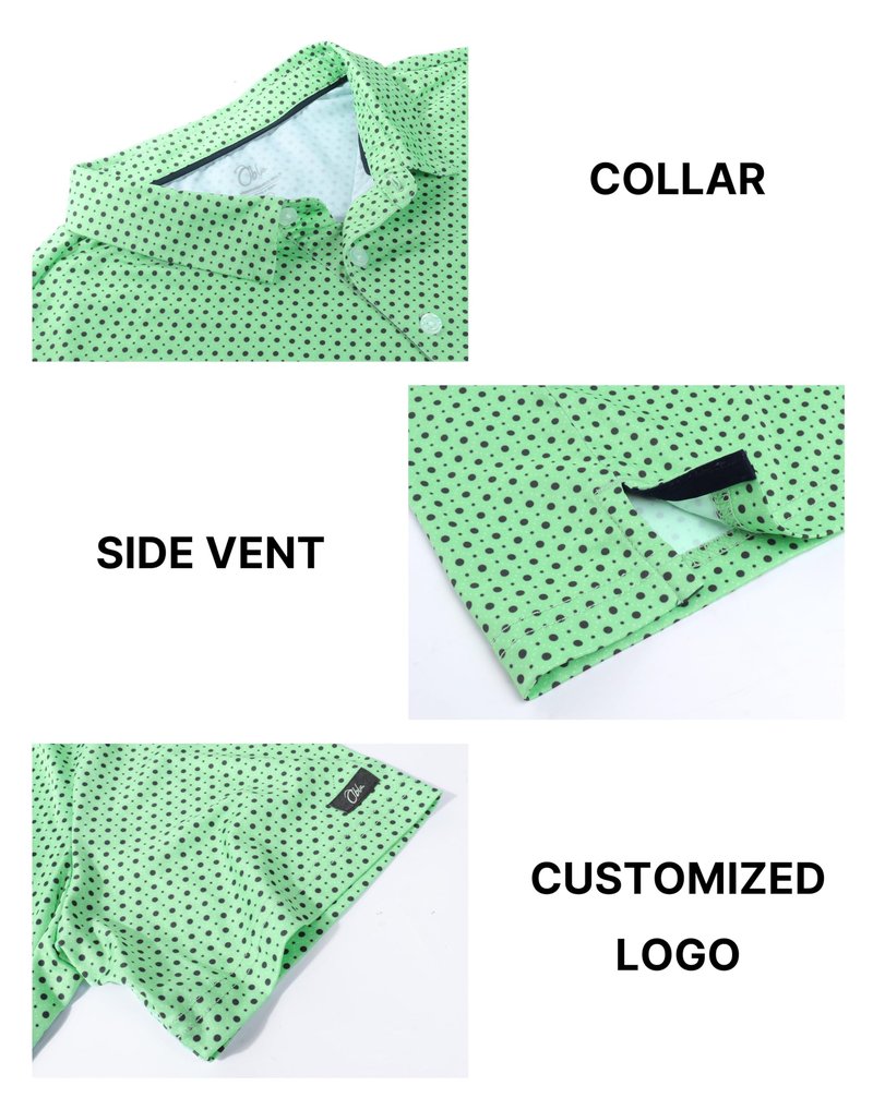 Obla Mens Golf Polo Shirts Short Sleeve Dry Fit Performance Moisture Wicking Casual Print Collared Golf Shirts for Men (Green Dot_S)