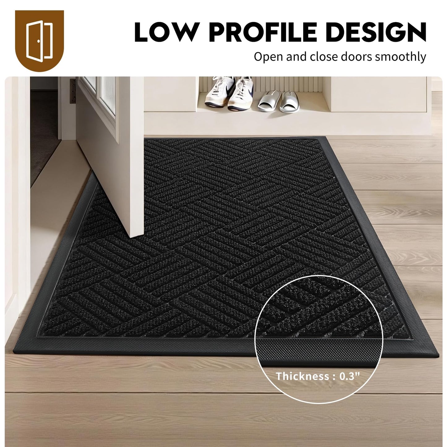 WELDUN Front Door Mat, Heavy Duty Waterproof Rubber Doormat for Indoor Outdoor, Non-Slip Low Profile Dirt Trapper Absorbent Mat for Entryway, Stain Fade Resistant Easy Clean 35.5"x24", Black