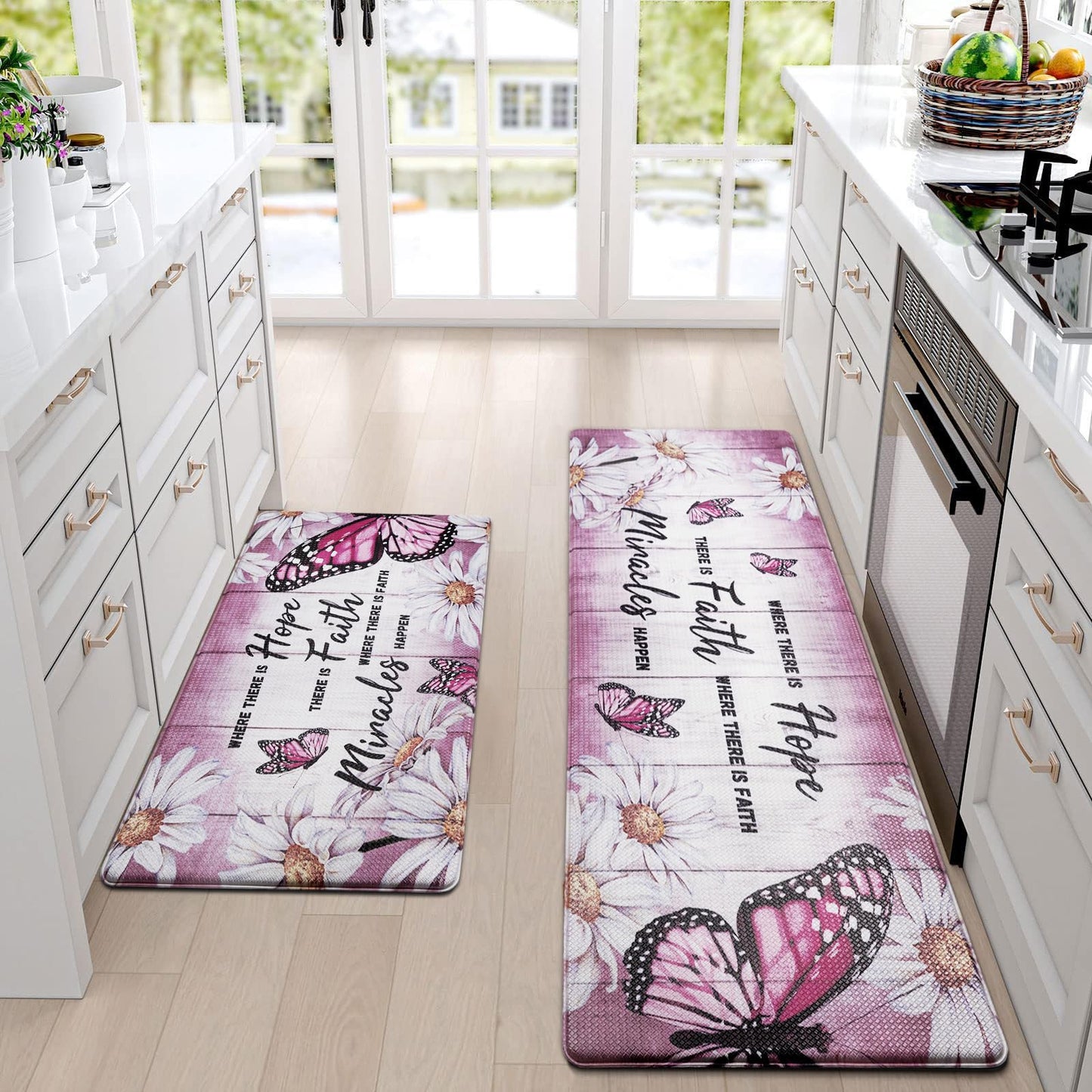Likiyol Butterfly Kitchen Rugs Sets of 2 Kitchen Mats for Floor Farmhouse Anti Fatigue Mats for Kitchen Floor, Daisy Floral Kitchen Rugs Non Slip Washable Comfort Mat, 18'' x 30''+18'' x 48'', Pink