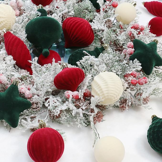 SY Super Bang 30PCS Velvet Christmas Ornaments Set, Flocked Shatterproof Assorted Hanging Xmas Tree Ball Decorations, for Home Party Holiday Decor, Coffee, Beige, Deep Green