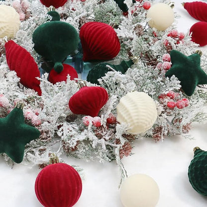 SY Super Bang 30PCS Velvet Christmas Ornaments Set, Flocked Shatterproof Assorted Hanging Xmas Tree Ball Decorations, for Home Party Holiday Decor, Coffee, Beige, Deep Green