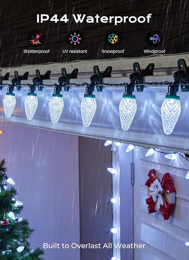 Minetom C9 Christmas Lights Outdoor, 72 FT 110 LED C9 String Lights, 8 Modes & Timer Connectable Waterproof for Christmas Tree Light Indoor Outdoor Roofline Patio Outside Yard Xmas Decor, White 72FT