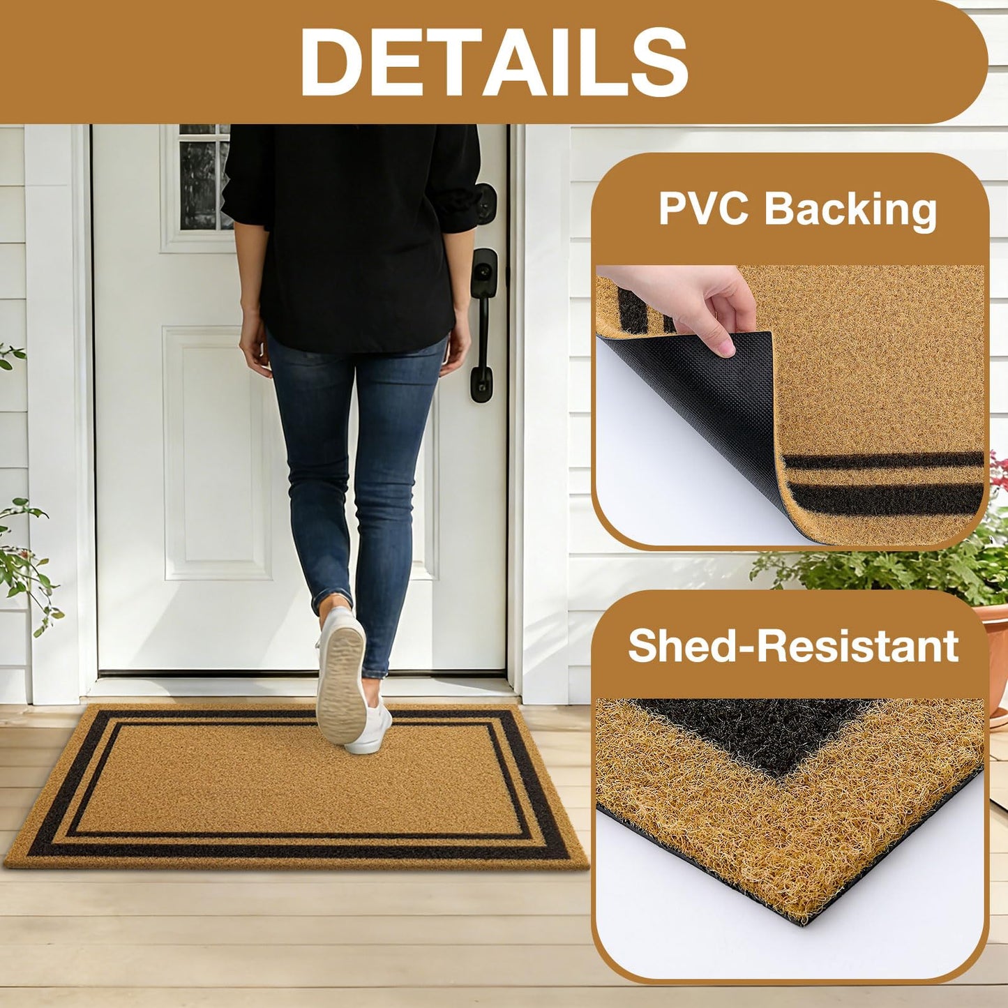 OLANLY Front Door Mat, Low Profile Doormat, Stain and Fade Resistant, Easy to Clean, for Indoor and Outdoor Entrances, Patio Porch or Entryway, Brown (30x17 Inch, Classic Border)