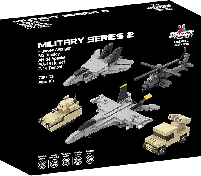 Apostrophe Games 5 Military Building Block Sets (730 Pieces) F/A-18 Hornet F-14 Tomcat Fighter Jet AH-64 Apache Helicopter M2 Bradley Tank and Humvee Avenger