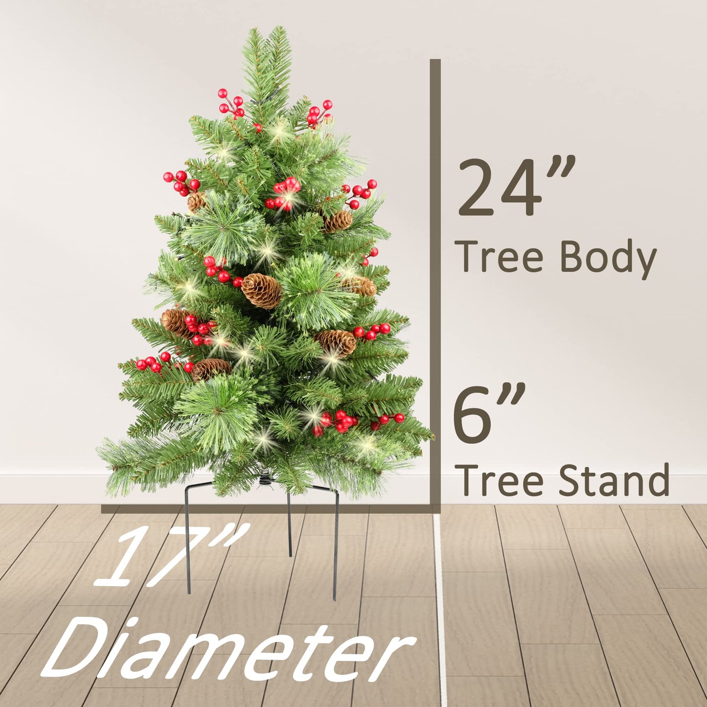 Christmas Tree 30 inch Prelit 2 Set Pathway Porch Christmas Trees Pre-Light LED Battery Operated Outdoor Xmas Decor for Entrance Driveway, Yard, Garden, Red Berries, Pine Cones