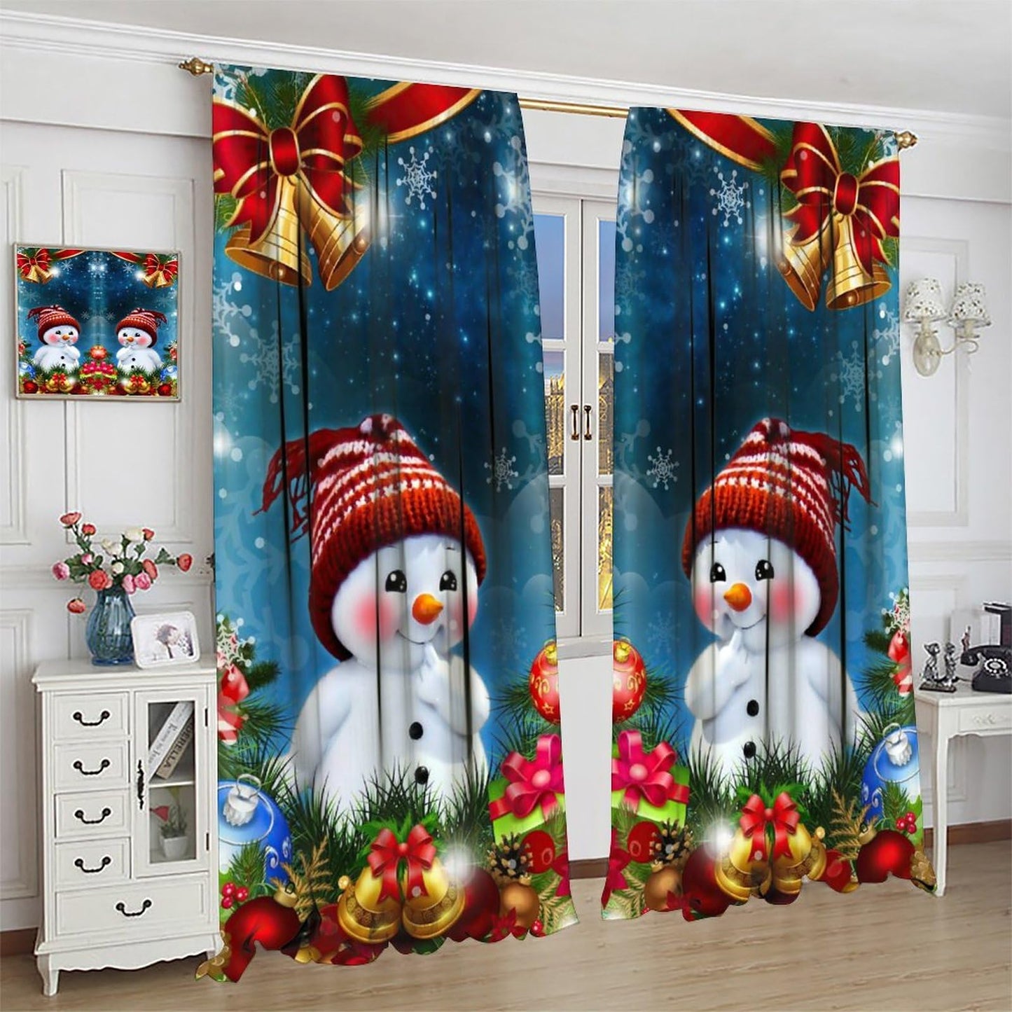 ICMOLYYENLO Christmas Curtains Red Balloon Bells Winter Kitchen Bedroom Living Room New Year Decoration Curtains 42x45 Inch 2 Set