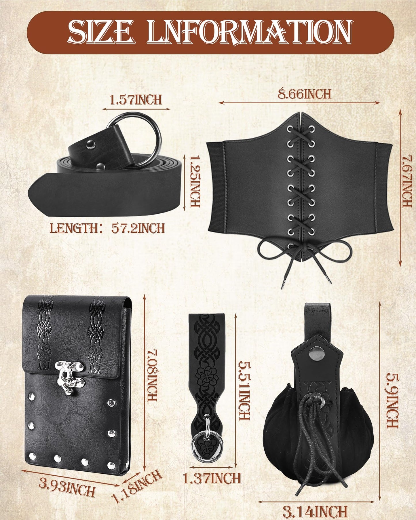 PARTTELY 5Pcs Corset Belt Renaissance Costume Women Pirate Accessories Lace-up Renaissance Corset with Belt Bag Pirate Costume Women for Cosplay