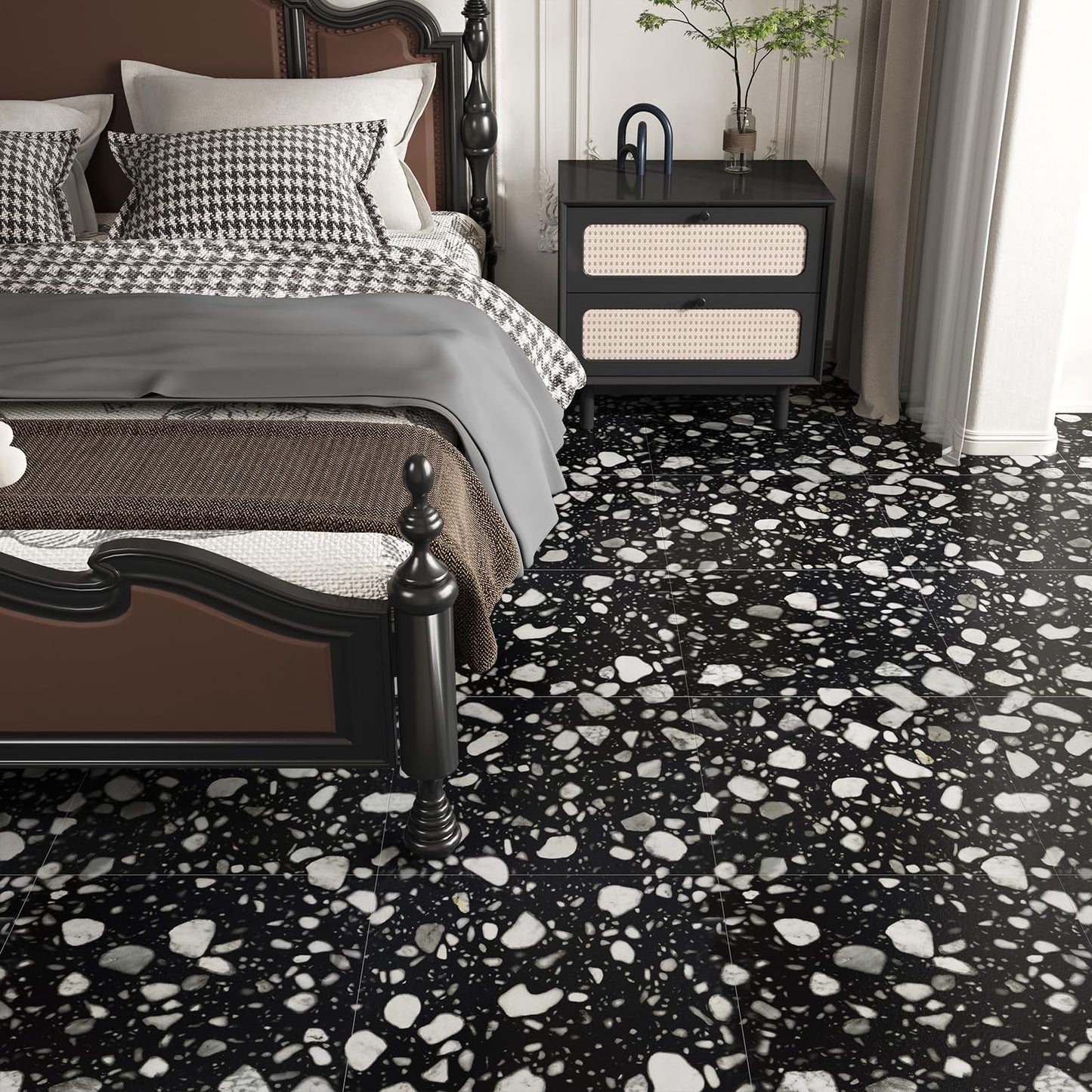 VaryStyle Waterproof Vinyl Flooring Terrazzo Peel and Stick Floor Tile 12"x12" Black and White Vinyl Floor Tiles Self Adhesive Removable Stick on Tile for Kitchen Basement Bathroom Flooring 6-Sheet