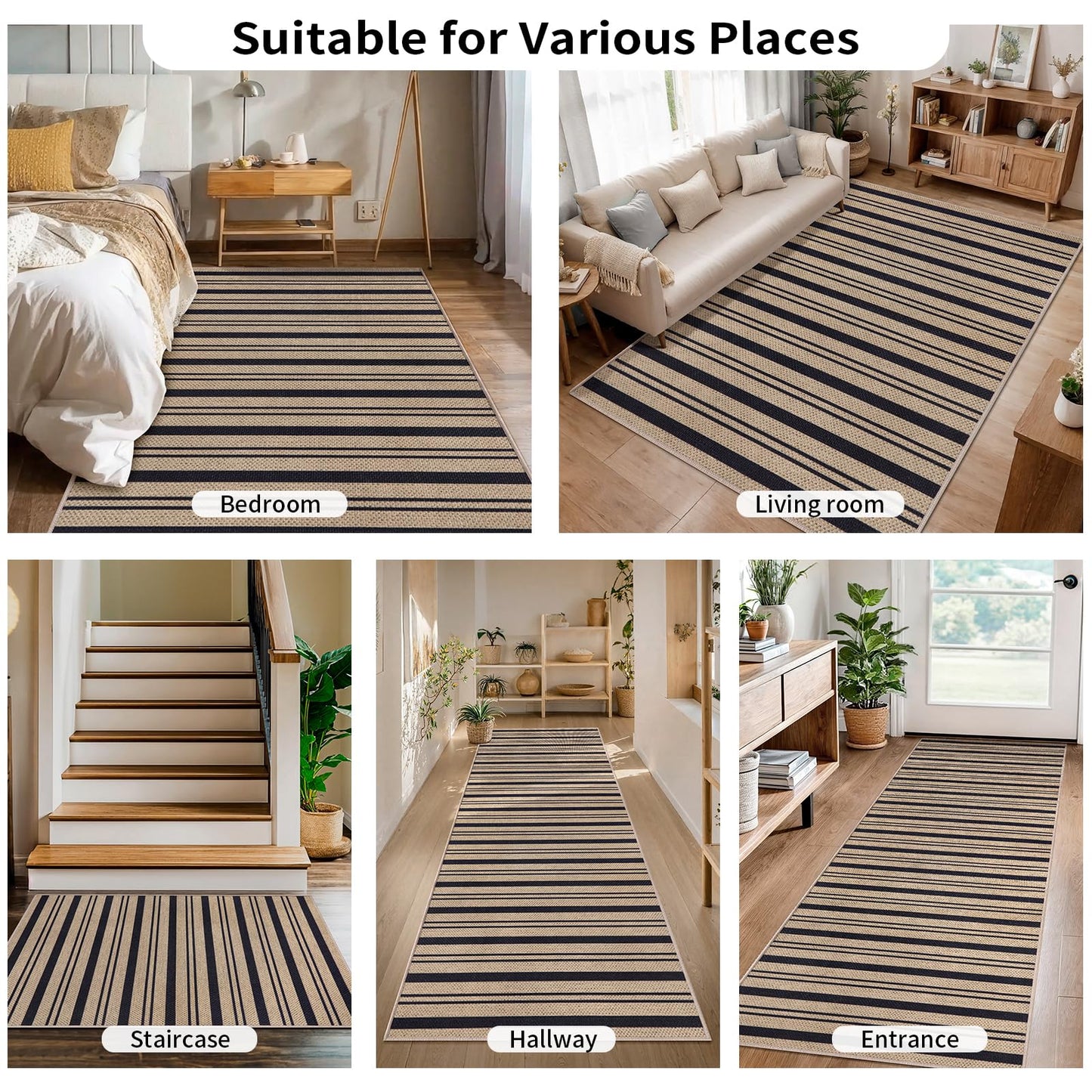 Tangsoo Stripe Easy Jute Rug 4x6 for Paito,Thin Non-Slip Indoor Outdoor Black Door Carpet,Washable Farmhouse Throw Mat for Front Porch Kitchen Bedroom Foyer