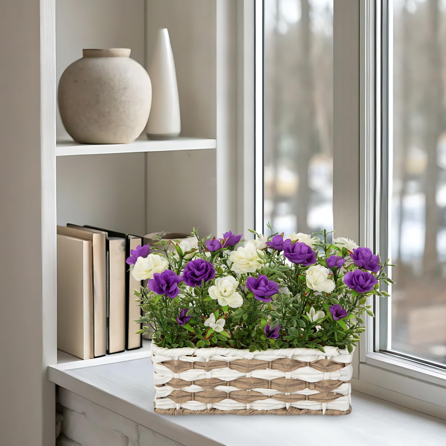 Artificial Rose Flowers with Woven Basket, Faux Roses in Fake Rattan Planter for Table Centerpiece, Romantic Floral Arrangement for Home Bathroom Office Desk Spring & Rustic Decor, Cream White Purple