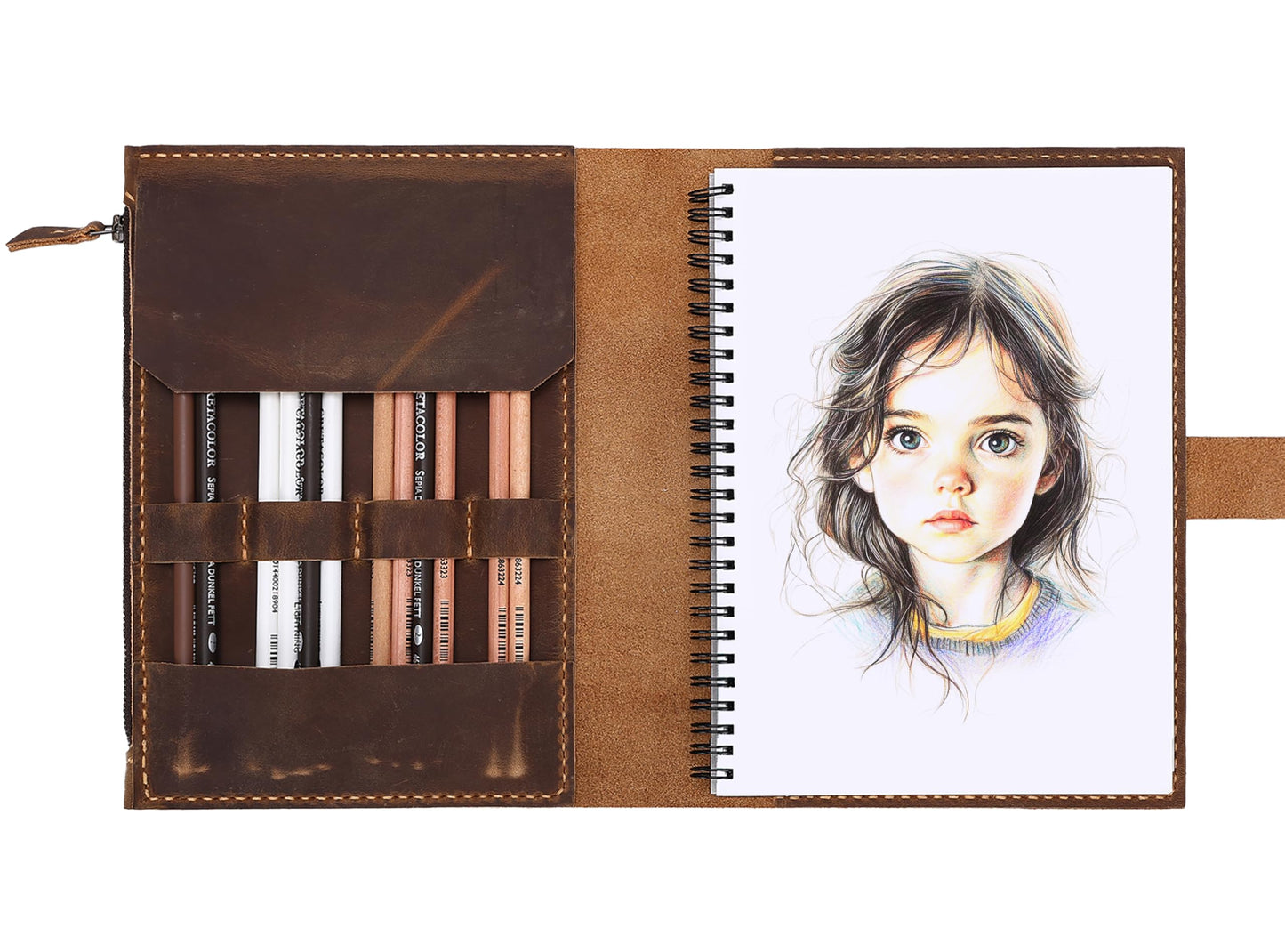 Fasjosma Leather Sketchbook Cover for A5/5.5"x8.5" sketch pads - Handmade Genuine Leather Artist Case with Pencil Holder & Zipper Pocket, Professional Drawing Supplies (Brown, 5.5"x8.5")