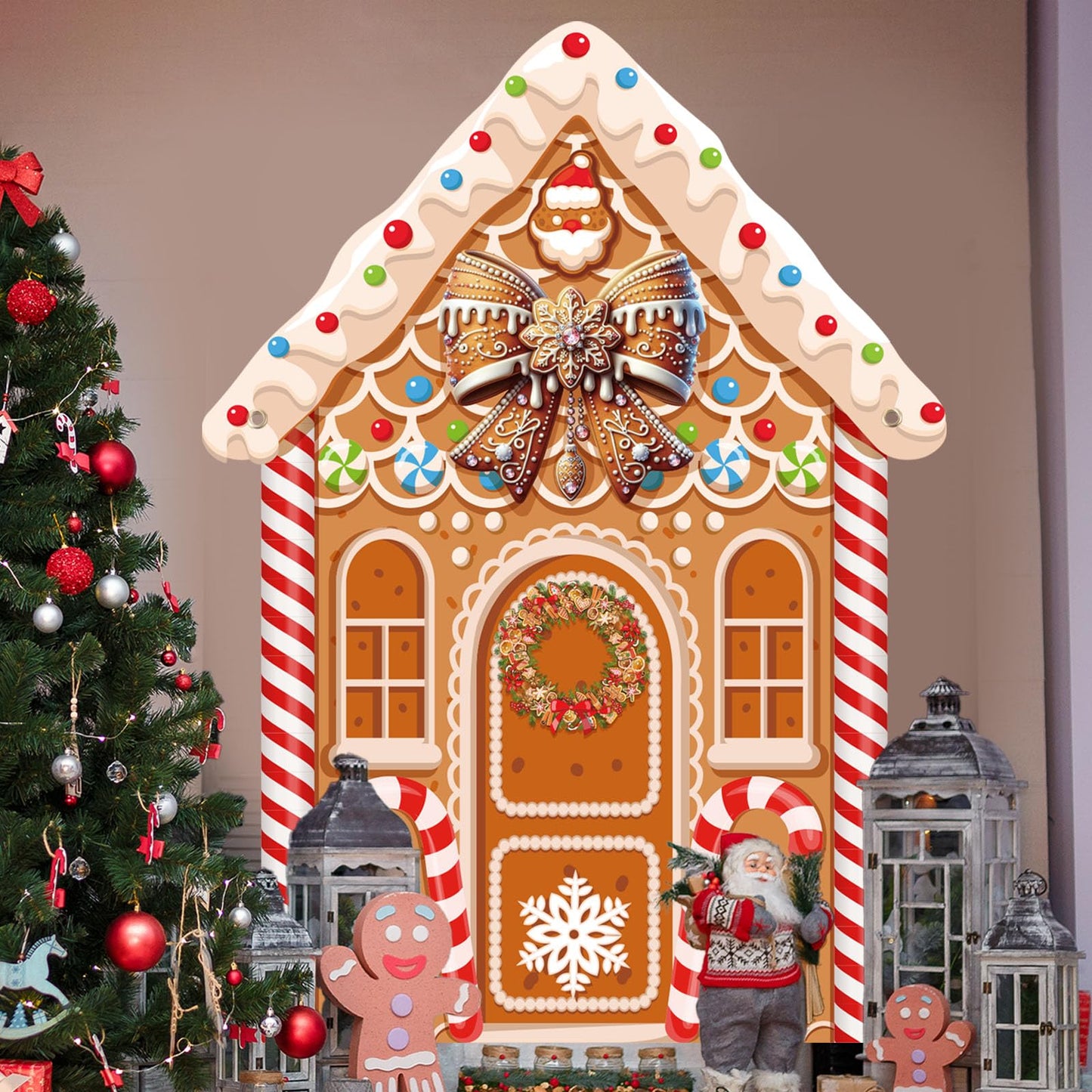 Panelee Large Christmas Gingerbread House Decorations, Gingerbread House Backdrop Photo Prop, 8 x 6 ft Fabric Xmas Candy Backdrop Decor for Holiday Party Decor