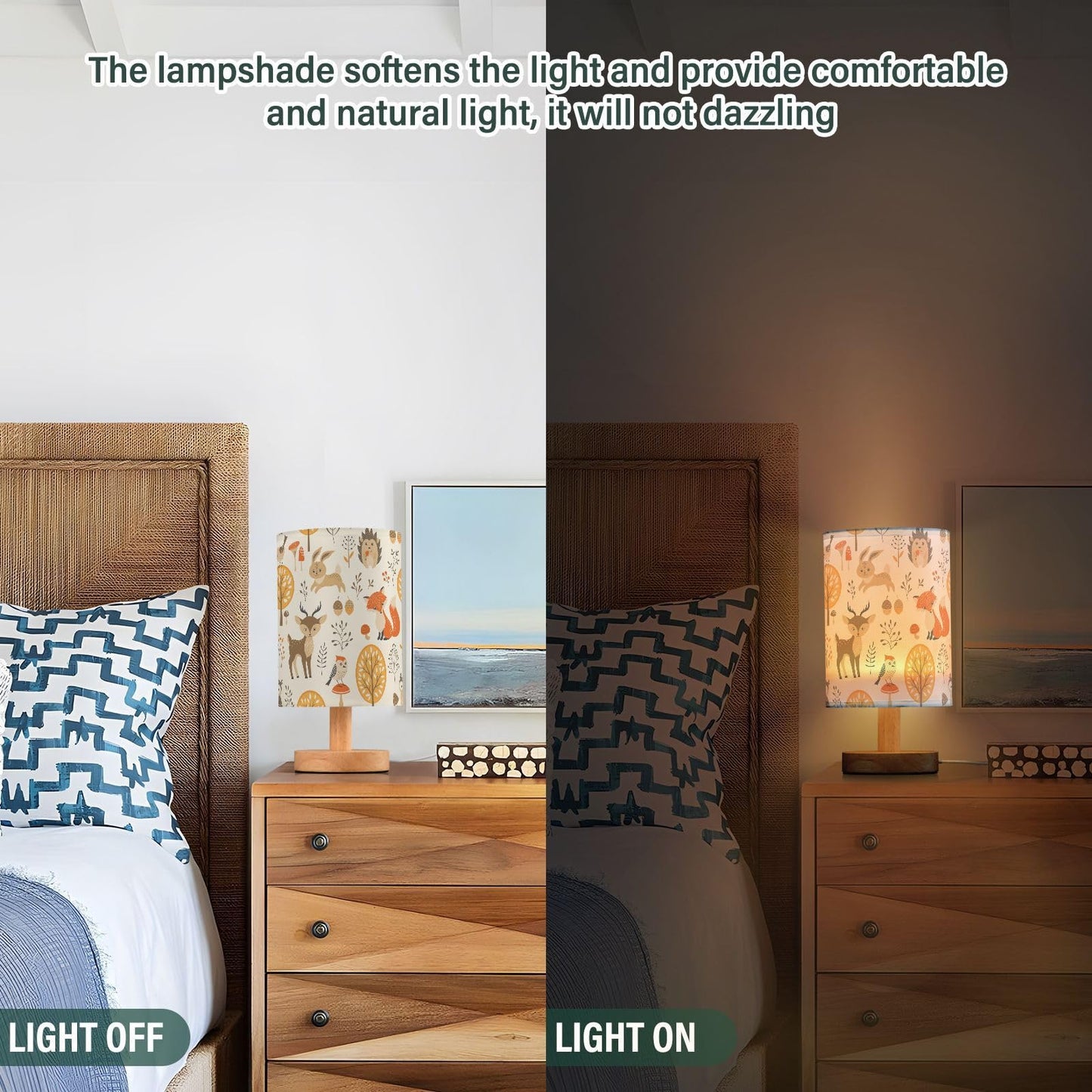 Oarencol Bedside Table Lamp Woodland Animals Nightstand Lamp with Wood Fox Owl Deer Buuny Trees Leaves Desk Lamps for Bedroom Living Room Nursery Office Home Decor